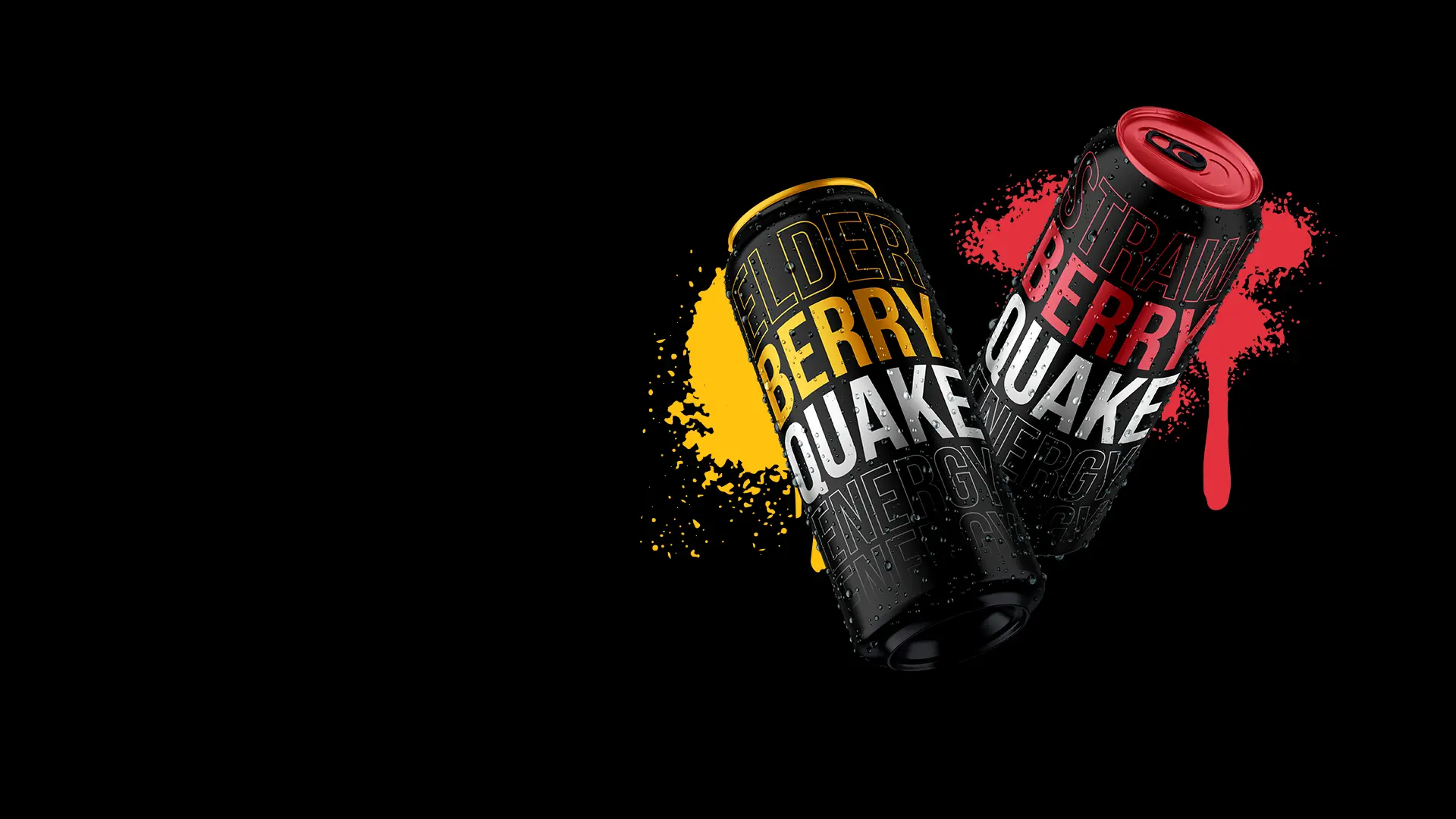Two black Quake energy drink cans, Elderberry with yellow accents and Strawberry with red accents, tilted and overlapping against a black background with yellow and red spray-paint splatters behind them.